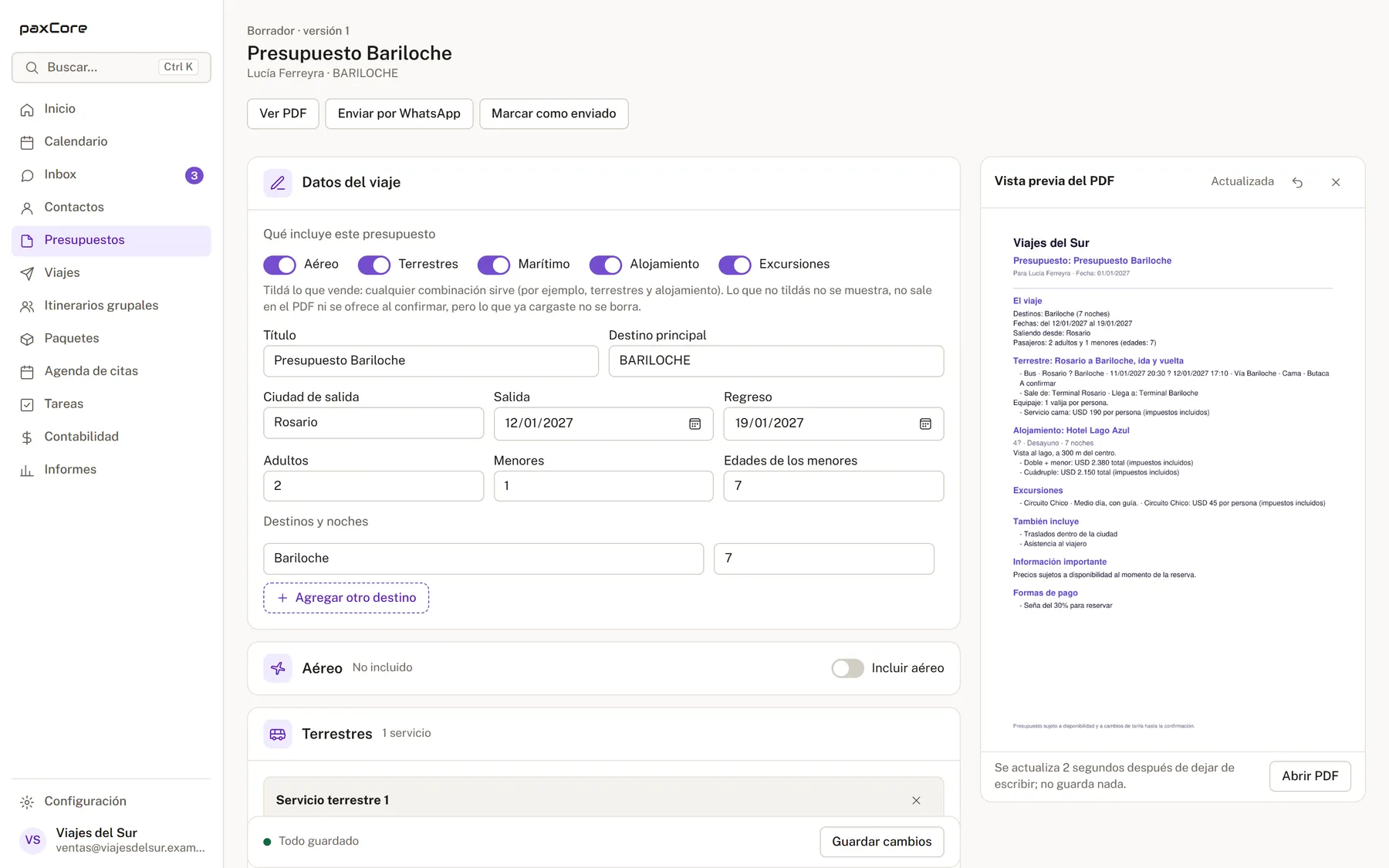 Editor de presupuesto con la vista previa del PDF al costado